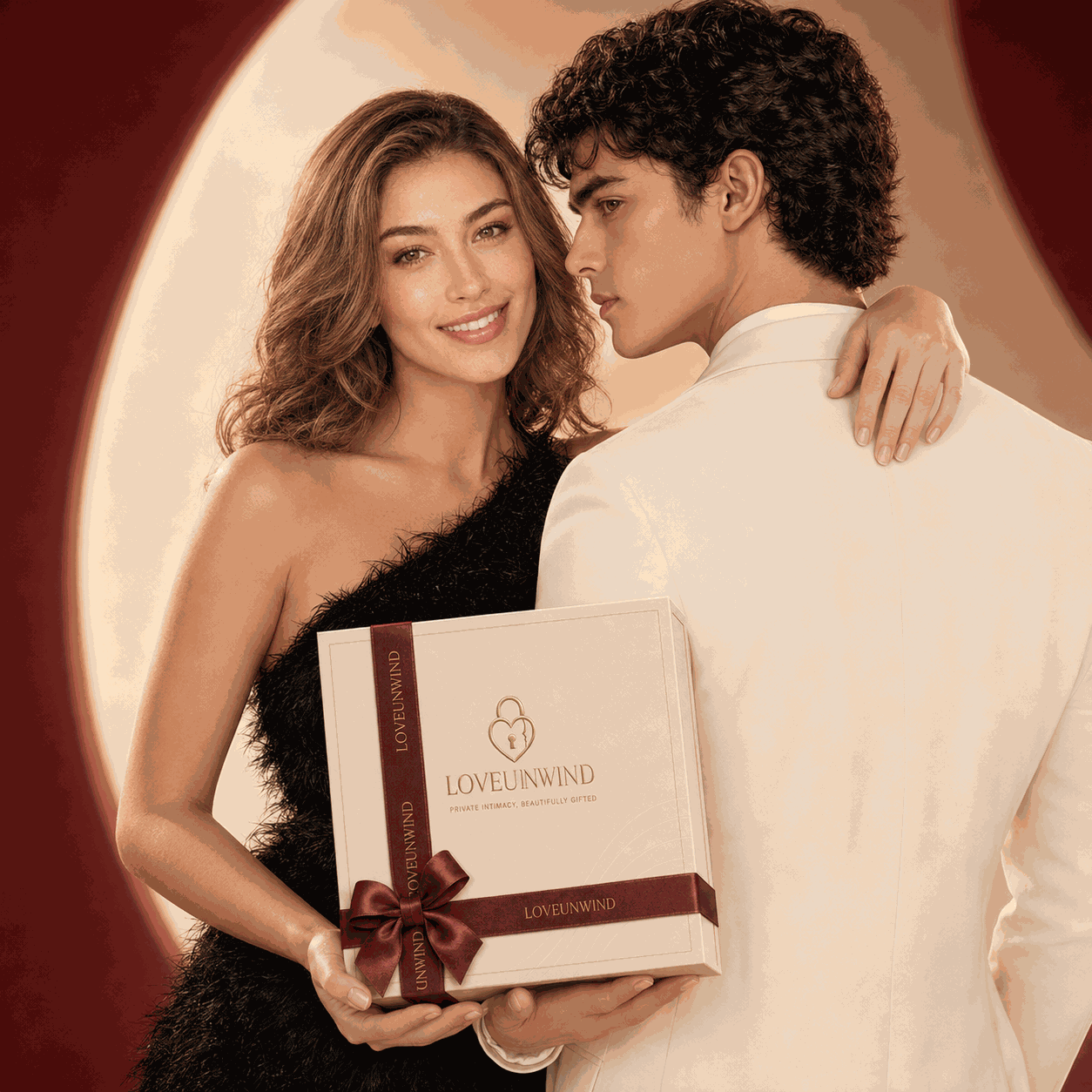 Couple presenting a LoveUnwind luxury gift box